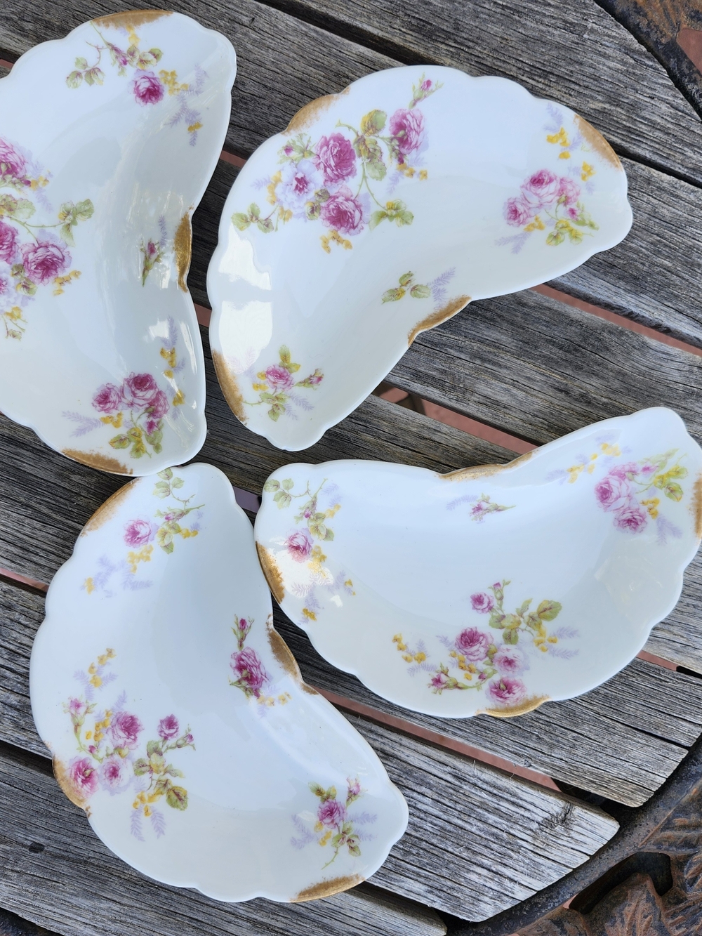 White Porcelain Floral Serving Bone Dishes with Pink Rose Motif
